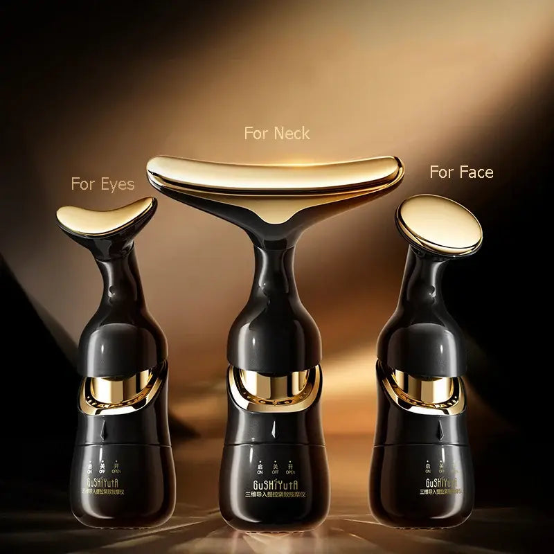 AuraGlow 3-in-1 Massager Three Interchangeable Heads For Eyes For Neck For Face Black Gold Premium Beauty Device Set